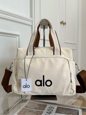 ALO Yoga Brown Nylon Laptop Tote with White Logo